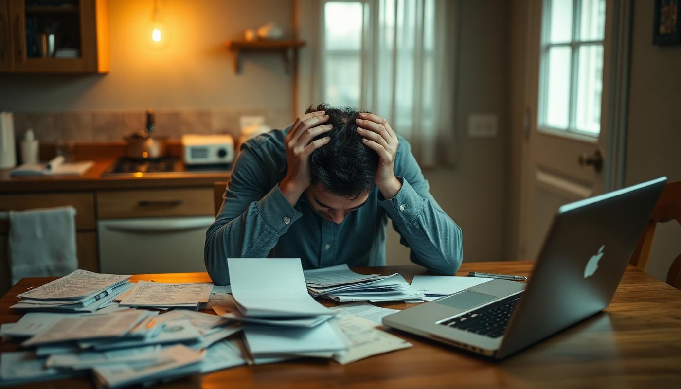 Personne réfléchissant devant des documents et un ordinateur