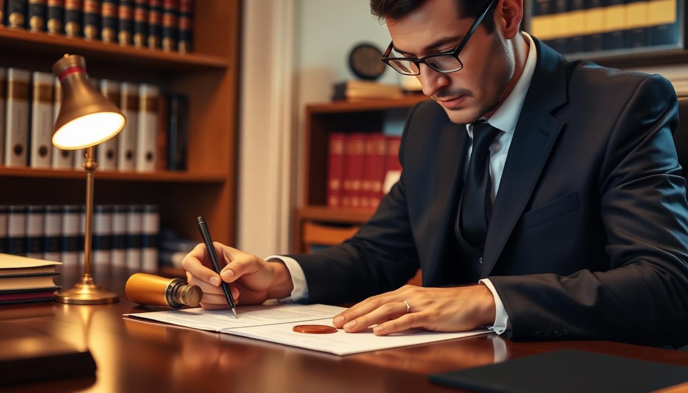 Notaire travaillant sur un dossier immobilier avec des documents