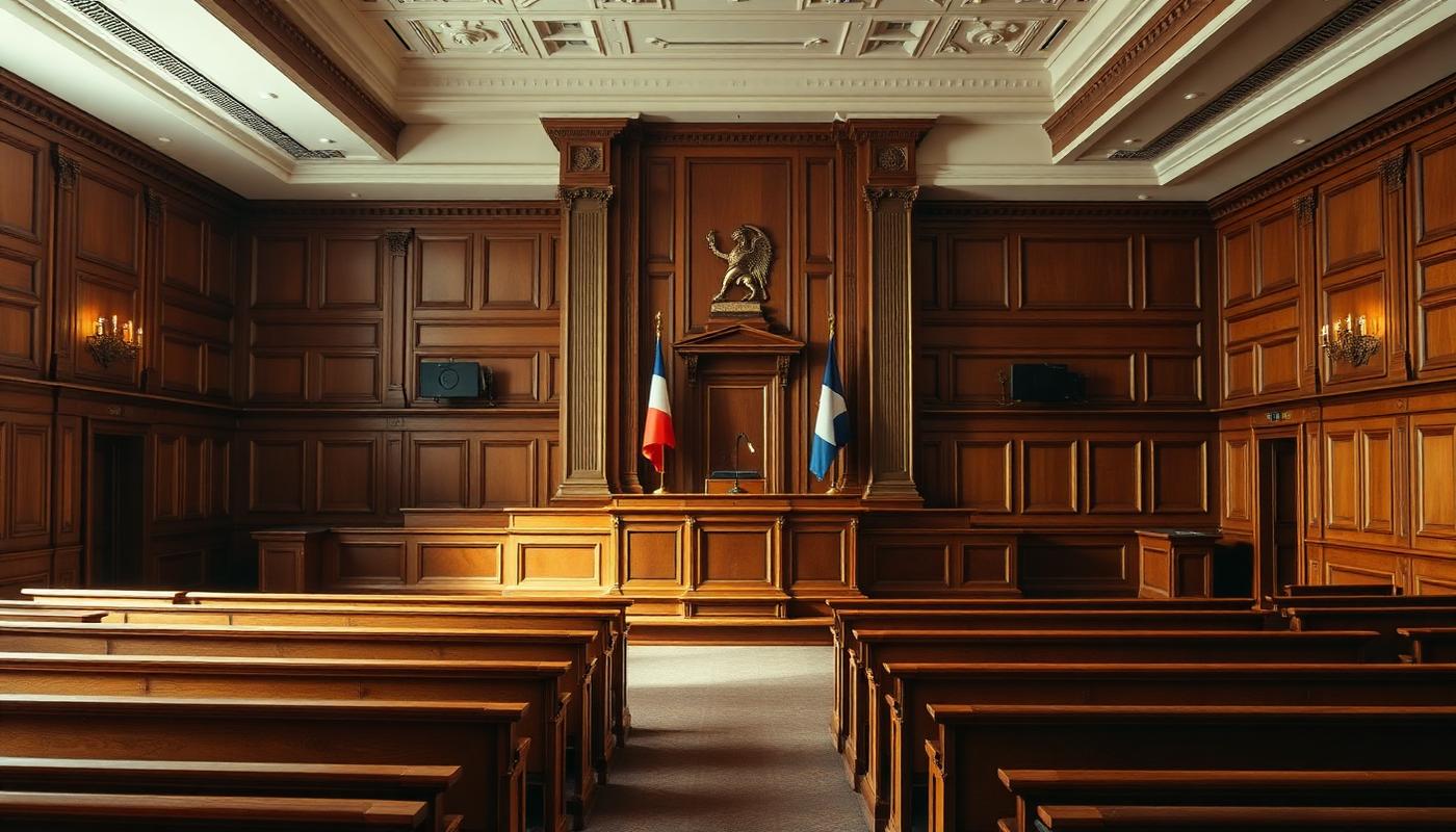 Salle d'audience de tribunal avec bancs en bois
