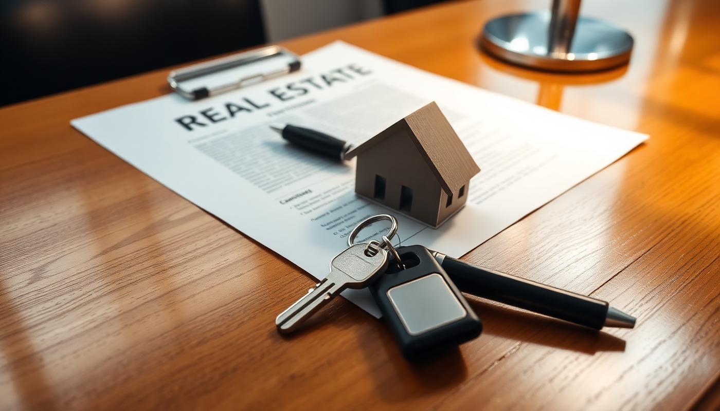 Documents de vente immobilière et stylo sur un bureau en bois