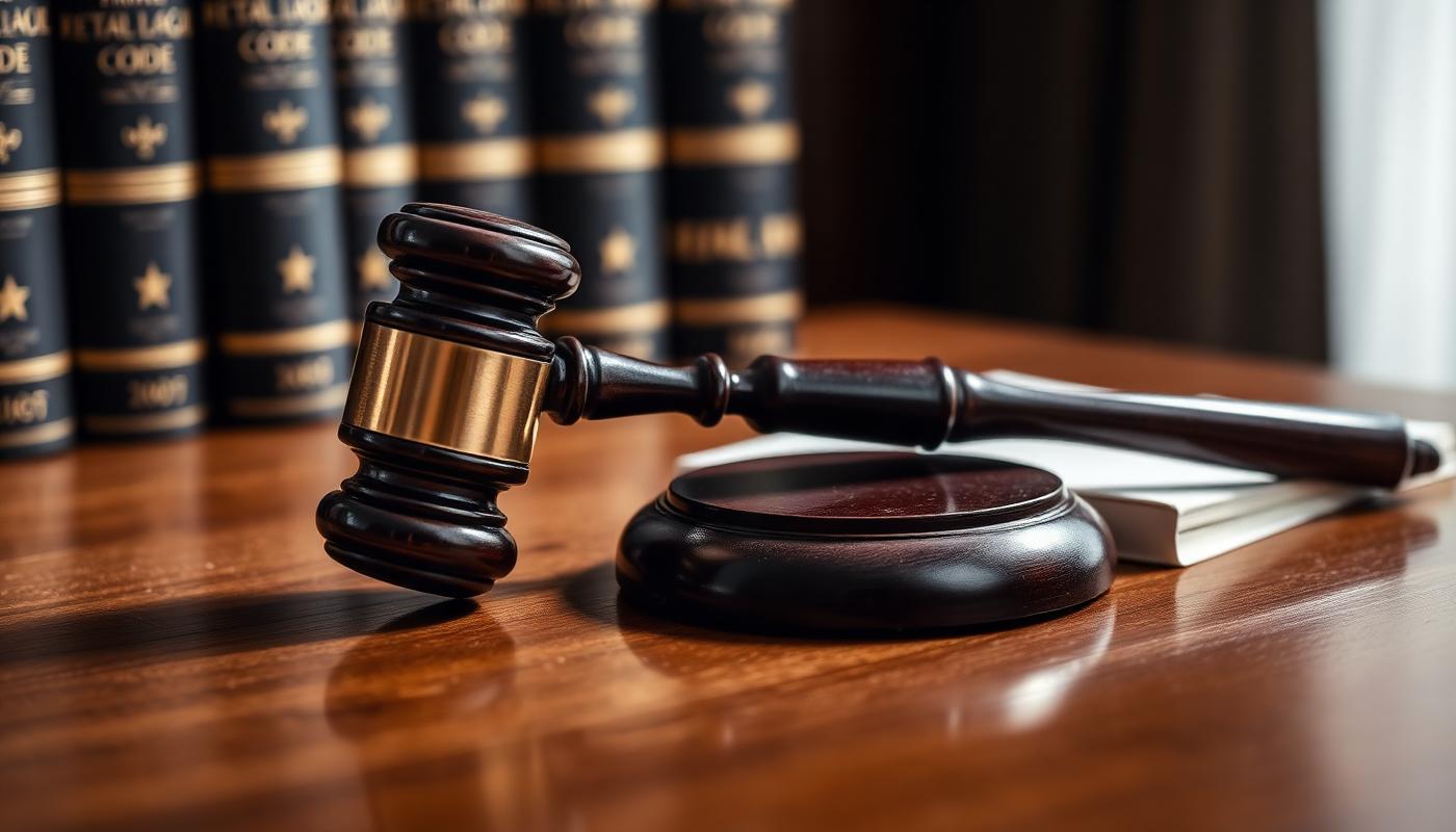 Marteau de justice sur un bureau en bois